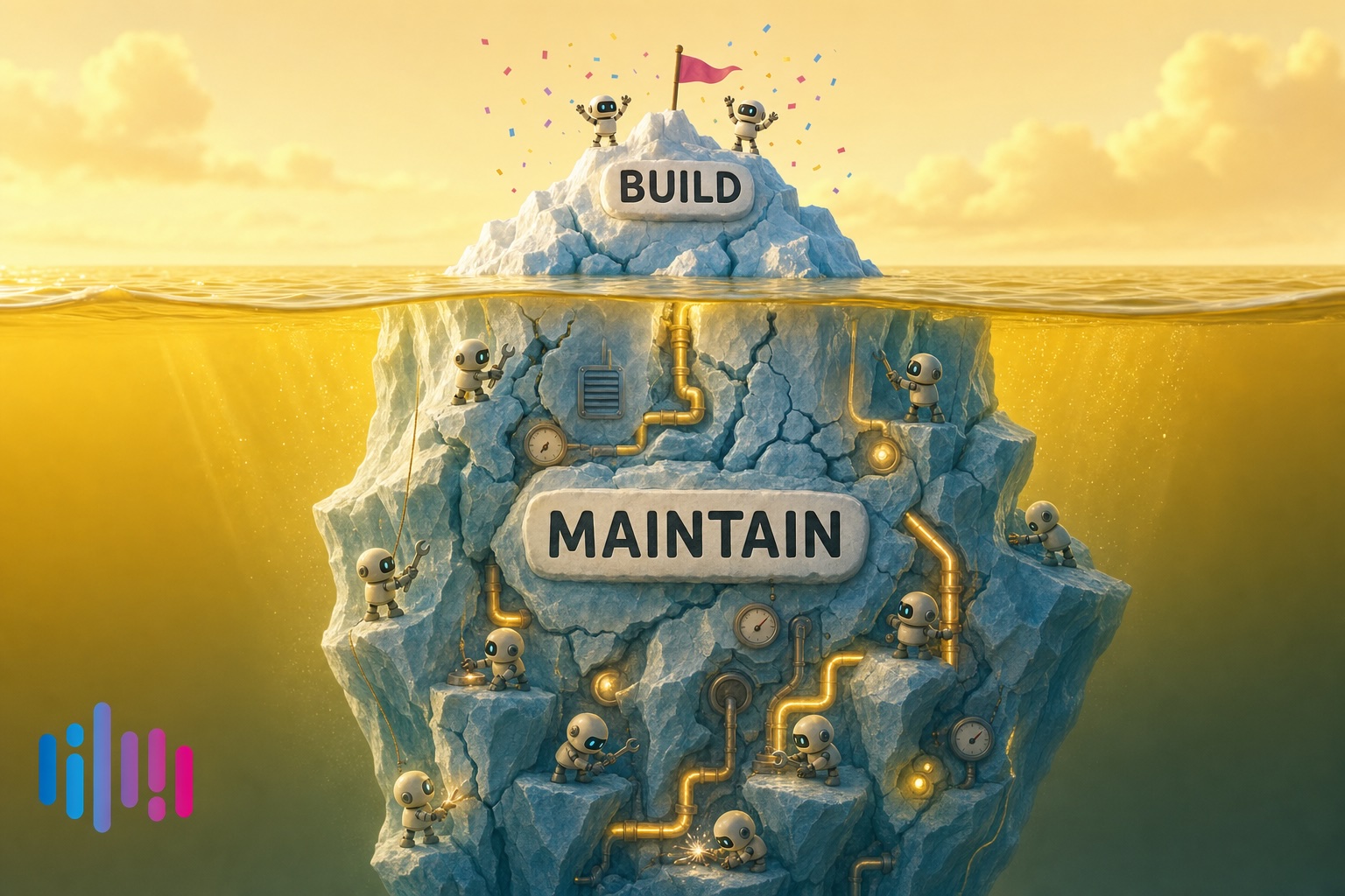 Iceberg diagram showing BUILD as the small visible tip and MAINTAIN as the much larger work below the surface.