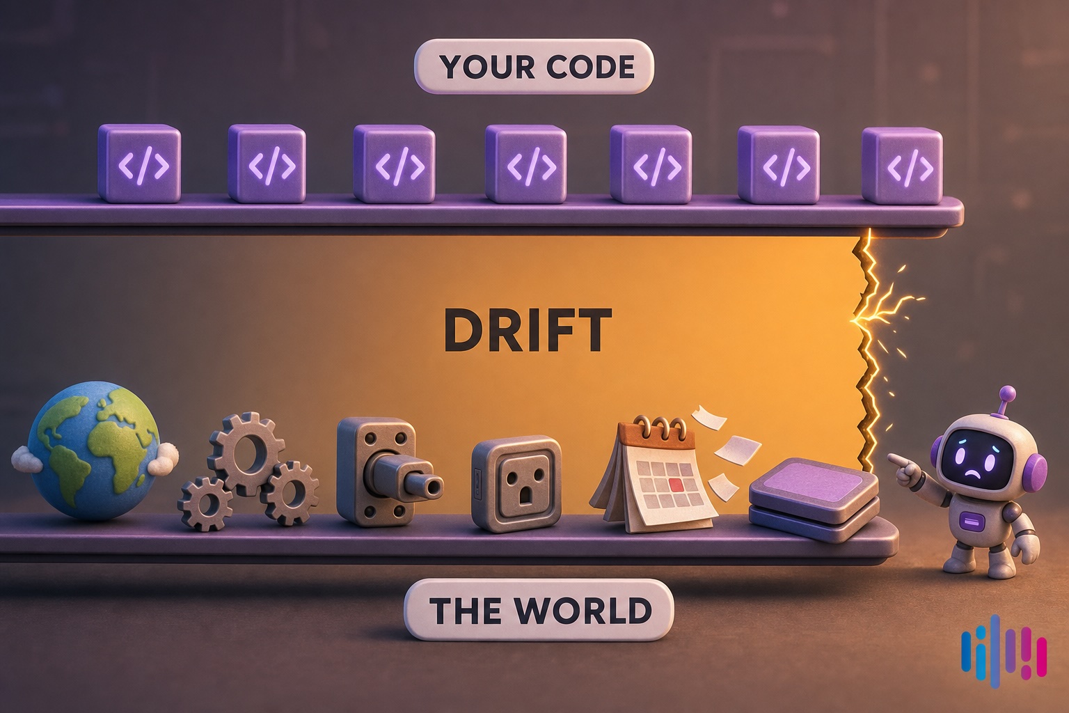Software drift diagram contrasting stable YOUR CODE with a changing THE WORLD around it.