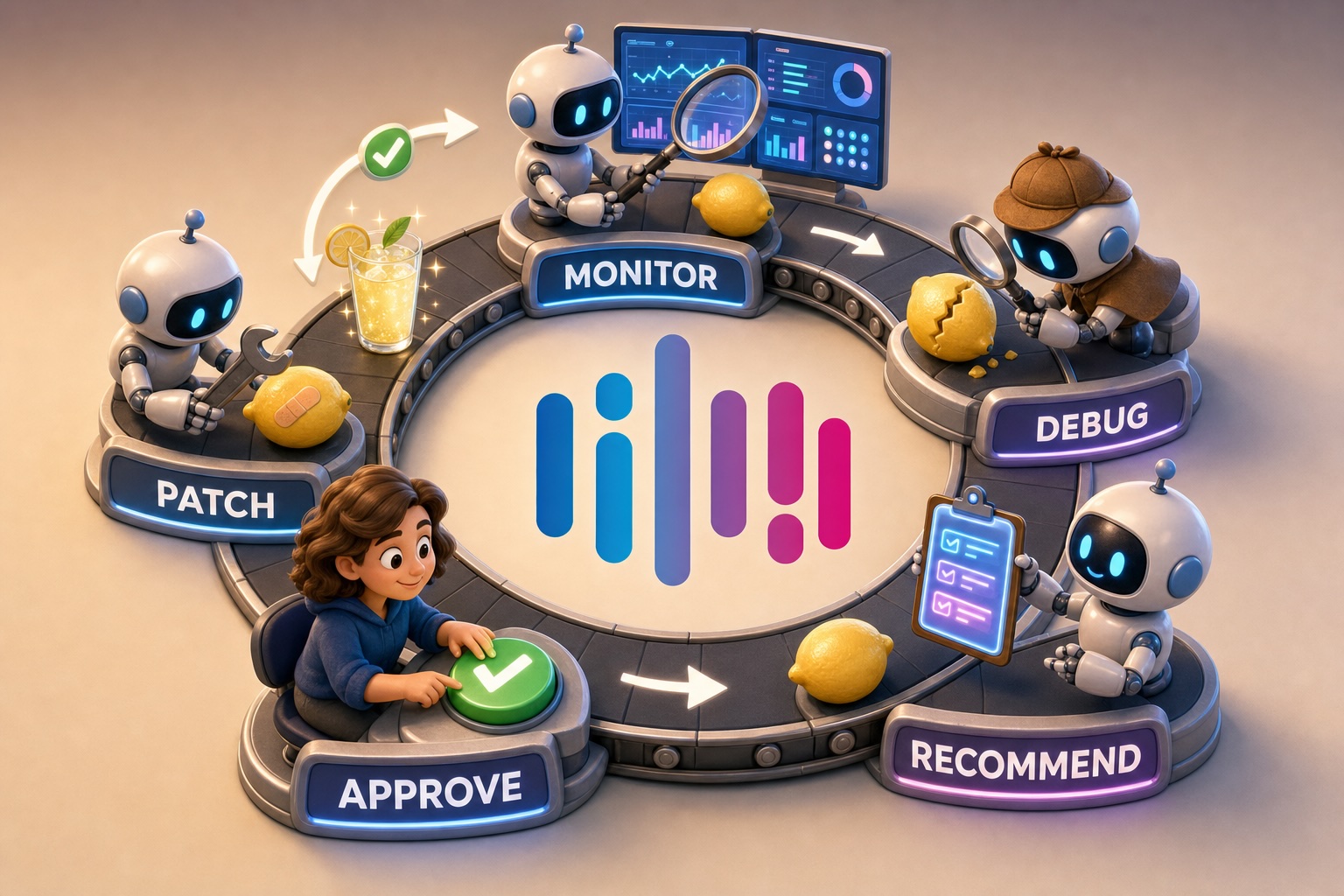 Maintenance loop diagram: MONITOR, DEBUG, RECOMMEND, APPROVE, and PATCH, with a human at the approval step.