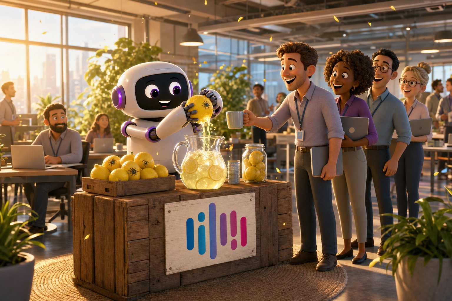 A cheerful AI robot making lemonade for a team at a Real Wave stand inside a bright office.