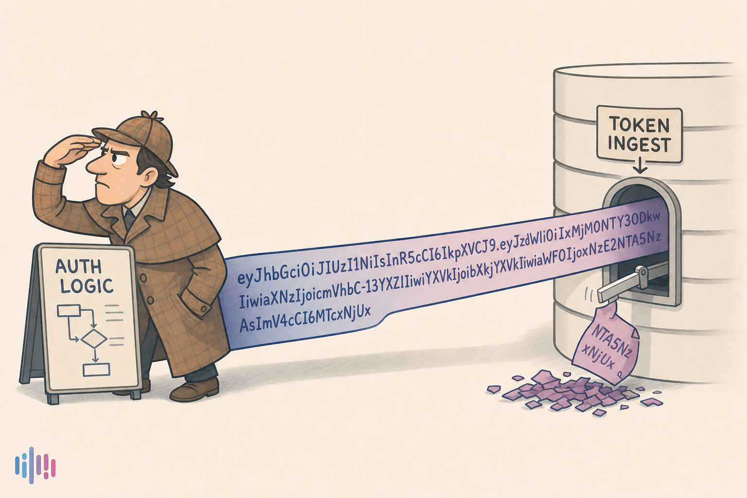 A long URL-shaped token being cut short as it enters a too-small database slot while a developer detective looks elsewhere.