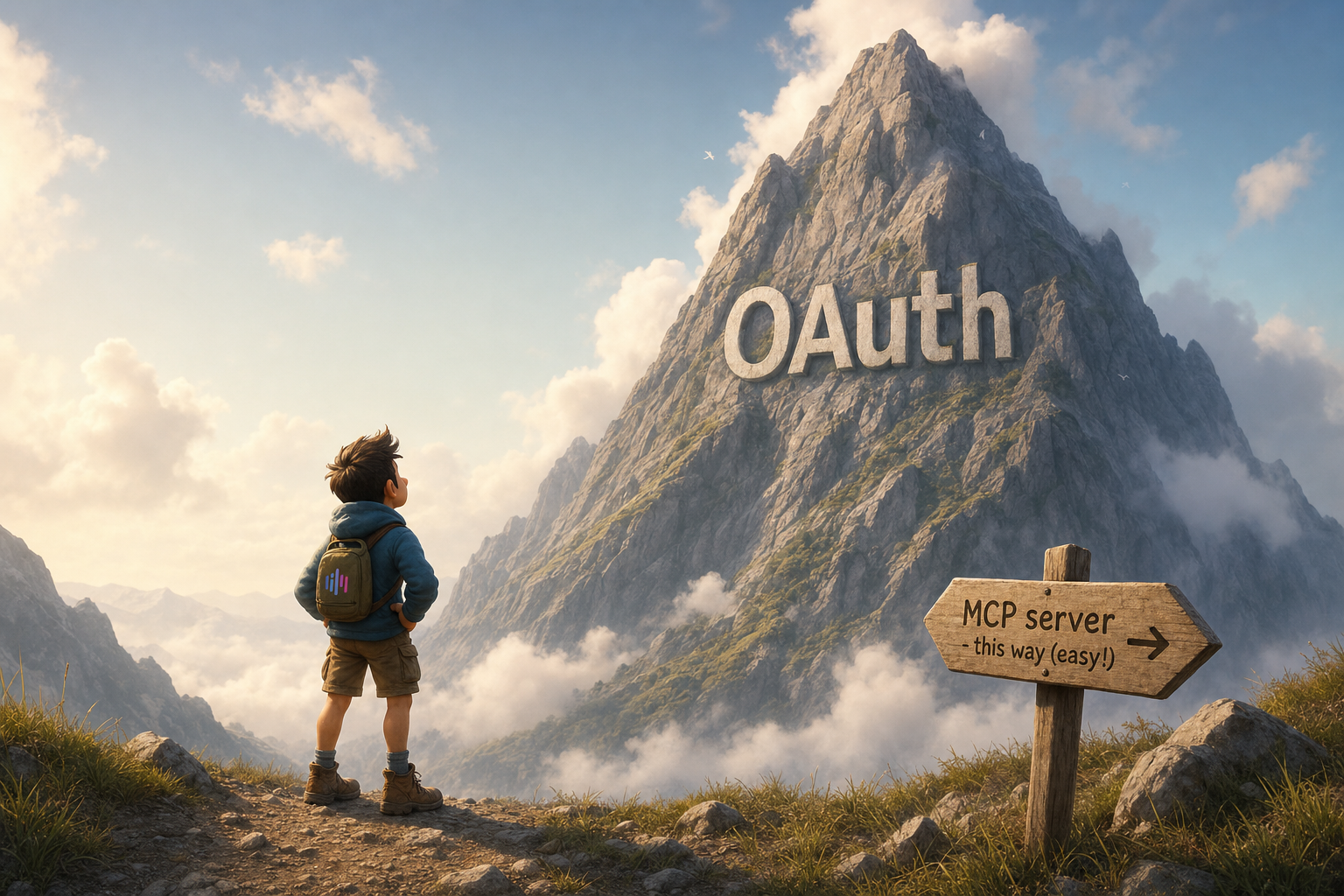 A hiker with a tiny backpack at the foot of a giant mountain labeled OAuth