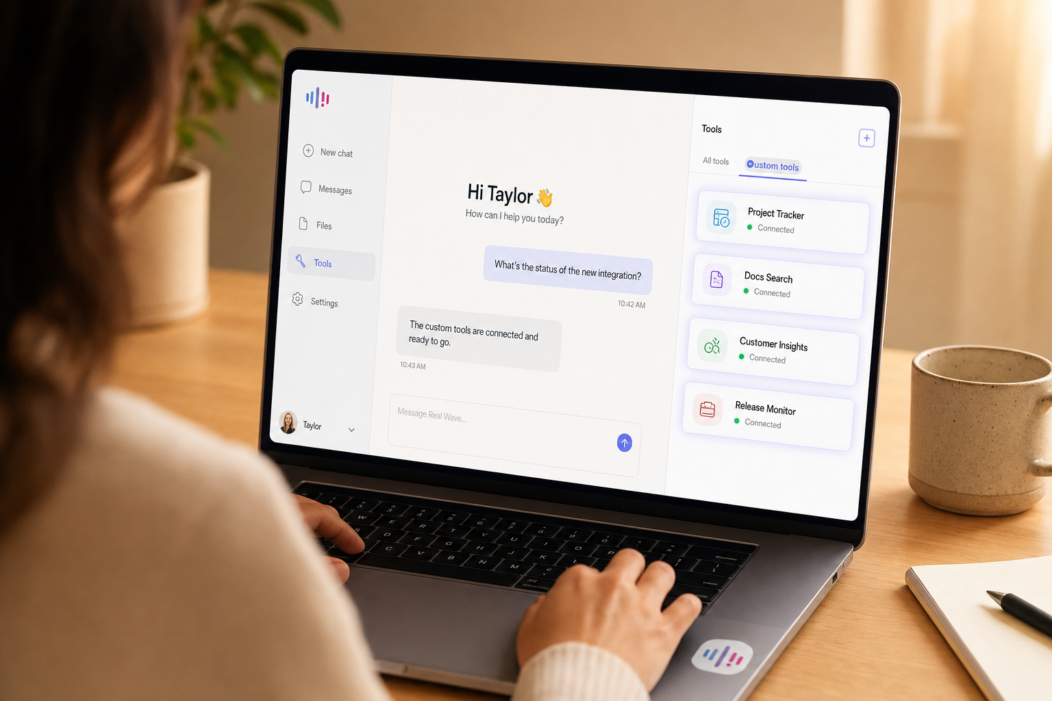 A chat app showing custom tools available in the conversation, calm and finished.